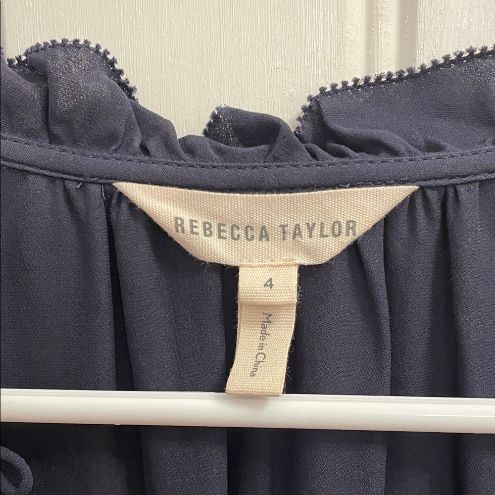 Rebecca Taylor Silk Navy Ruffle 3/4 Sleeve Blouse Size 4 - Picture 2 of 6